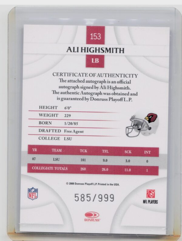 2008 Donruss Threads Ali Highsmith AU RC SN999 #153 Cardinals - Image 3
