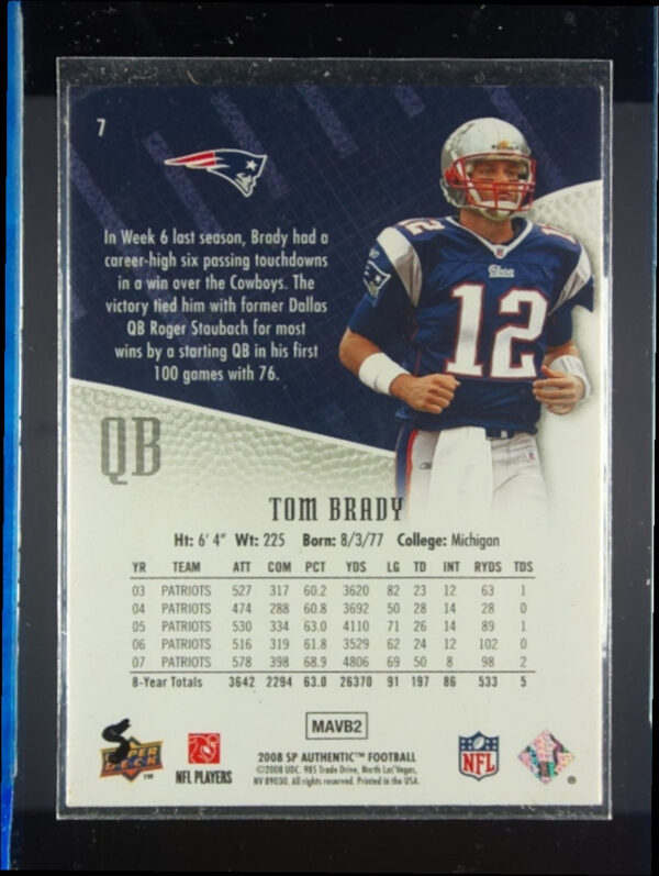 2008 SP Authentic Tom Brady Retail #7 Patriots - Image 3
