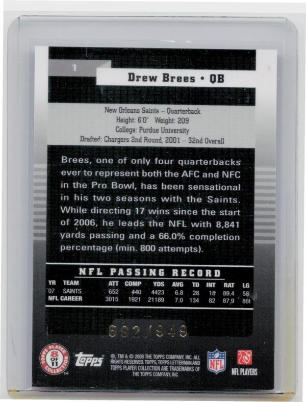2008 Topps Letterman Drew Brees /949 #1 Saints - Image 3