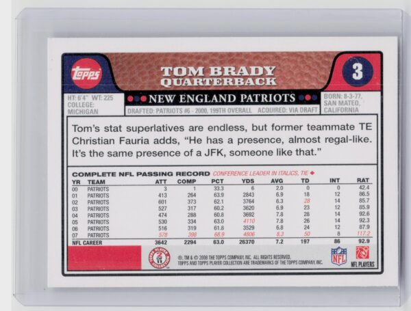 2008 Topps Tom Brady #3 Patriots - Image 3