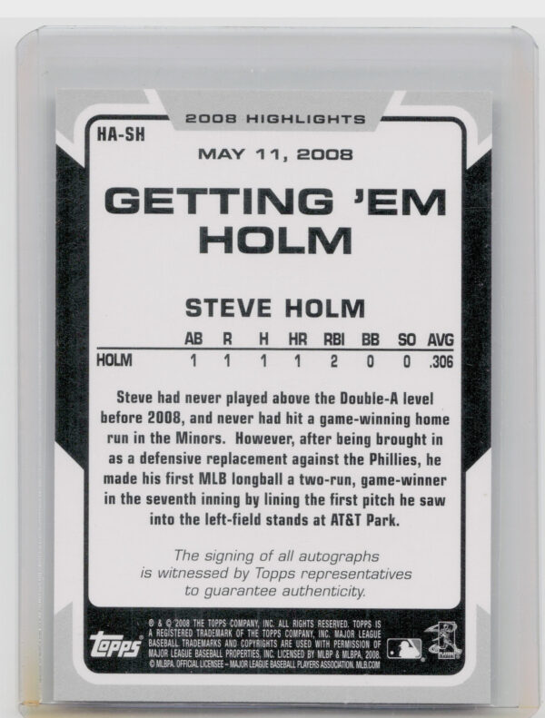 2008 Topps Updates & Highlights Steve Holm AU #HA-SH Giants Highlight Autographs - Image 3