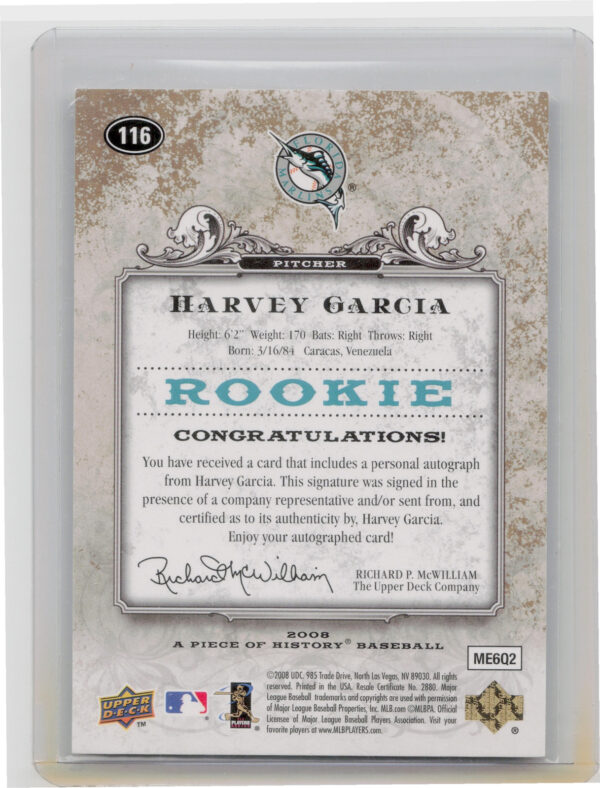 2008 Upper Deck A Piece of History Harvey Garcia AU SN75 #116 Marlins Rookie Aut - Image 3