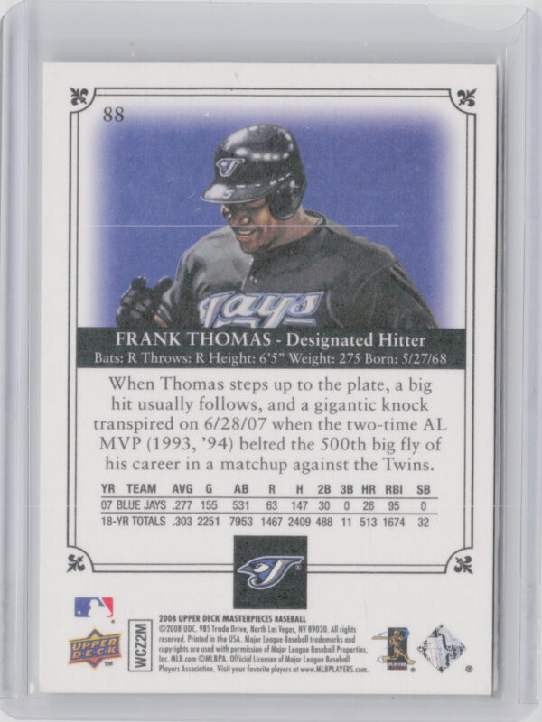 2008 Upper Deck Masterpieces Frank Thomas #88 Jays - Image 3
