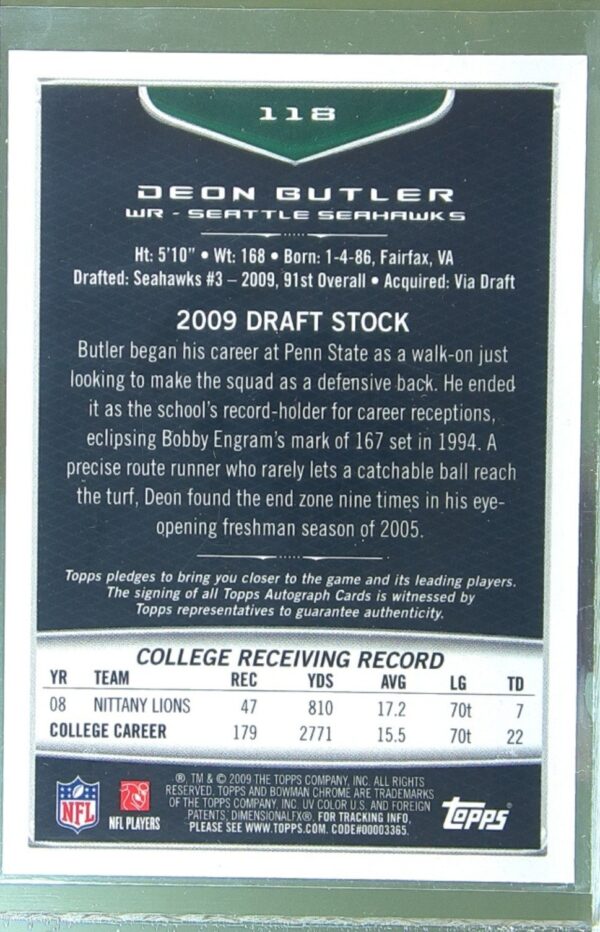 2009 Bowman Chrome Deon Butler Auto RC #118 Seahawks Rookie Autographs - Image 3
