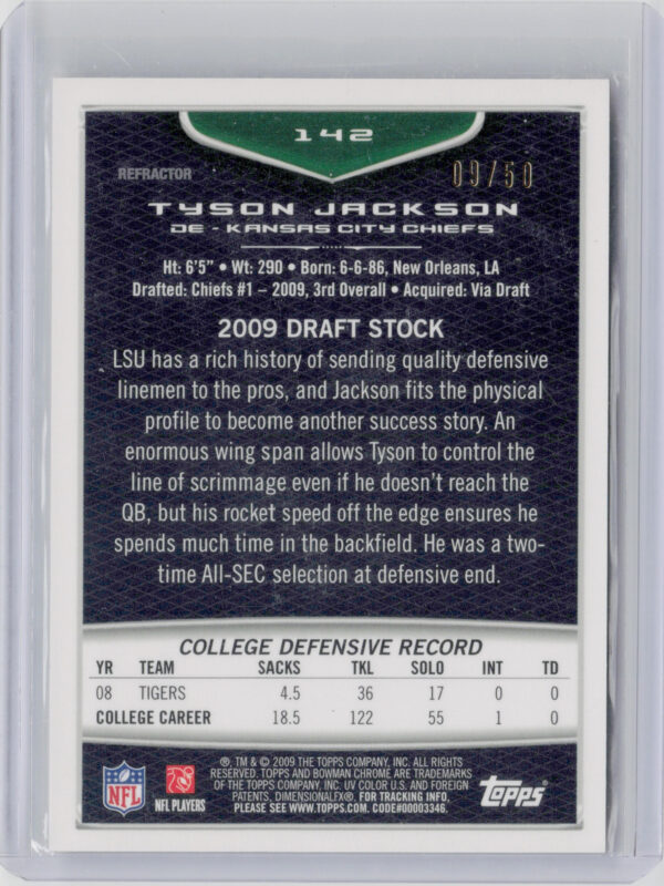 2009 Bowman Chrome Tyson Jackson Gold Refractors SN50 #142 Chiefs - Image 3