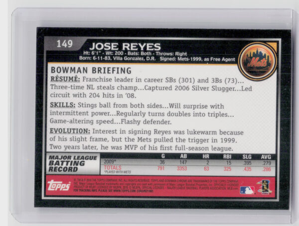 2010 Bowman Chrome Jose Reyes #149 Mets - Image 3