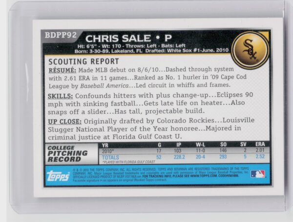 2010 Bowman Draft Picks & Prospects Chris Sale #BDPP92 Sox Prospects - Image 3