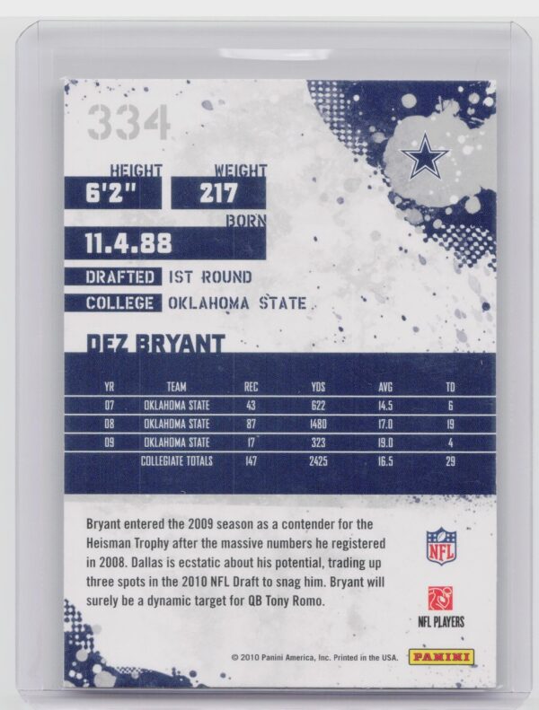 2010 Score Dez Bryant Rookie RC #334 Cowboys - Image 3