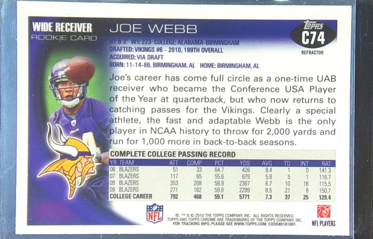 2010 Topps Chrome Joe Webb Refractors RC #C74 Vikings - Image 3