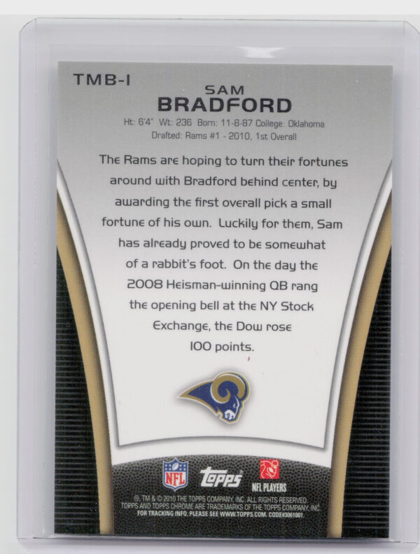 2010 Topps Chrome Sam Bradford #TMB-1 Rams Retail Exclusive Rookie Refractors - Image 3