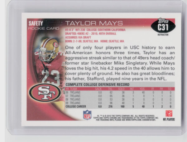 2010 Topps Chrome Taylor Mays Refractors #C31 49ers - Image 3