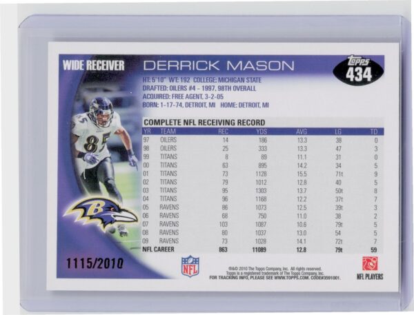 2010 Topps Derrick Mason Gold /2010 #434 Ravens - Image 3