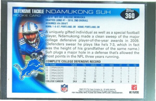 2010 Topps Ndamukong Suh RC #360 Lions - Image 3