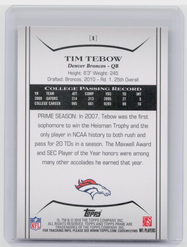 2010 Topps Prime Tim Tebow Retail RC #1 Broncos - Image 3