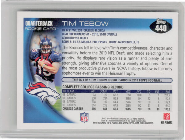 2010 Topps Tim Tebow RC #440 Broncos - Image 3