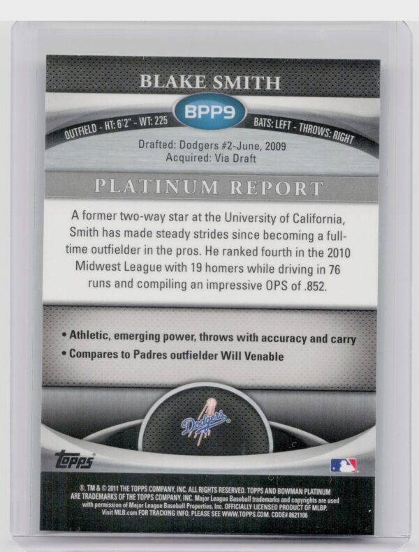 2011 Bowman Platinum Blake Smith #BPP9 Dodgers Prospects - Image 3