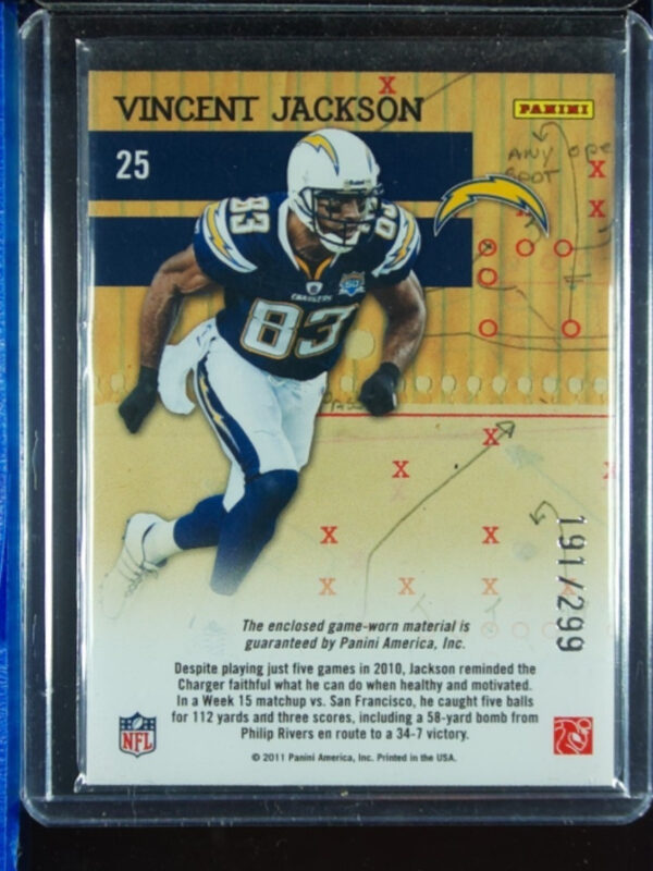 2011 Donruss Elite Vincent Jackson SN299 MEM #25 Chargers Craftsmen Jerseys - Image 3