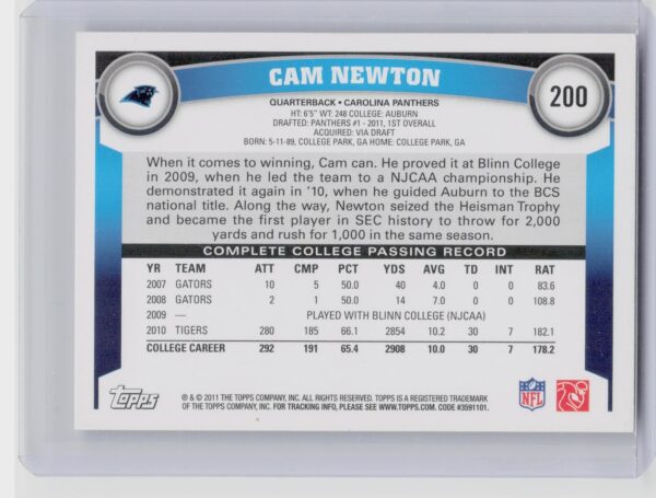 2011 Topps Cam Newton RC #200 Panthers - Image 3