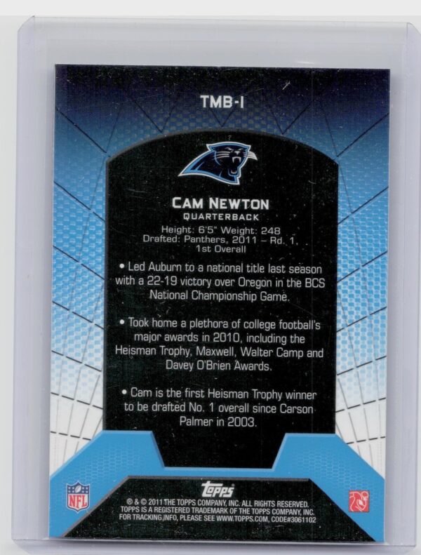 2011 Topps Cam Newton #TMB-1 Panthers Rookie Refractors - Image 3