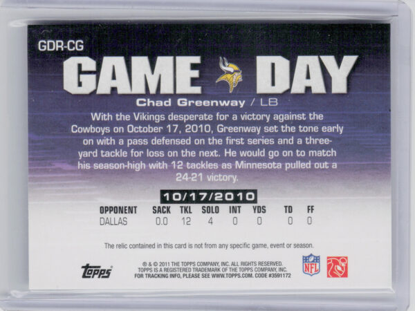 2011 Topps Chad Greenway MEM #GDR-CG Vikings Game Day Relics - Image 3