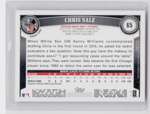 2011 Topps Chris Sale RC #65 Sox - Image 3