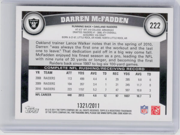 2011 Topps Darren McFadden Gold SN2011 #222 Raiders - Image 3