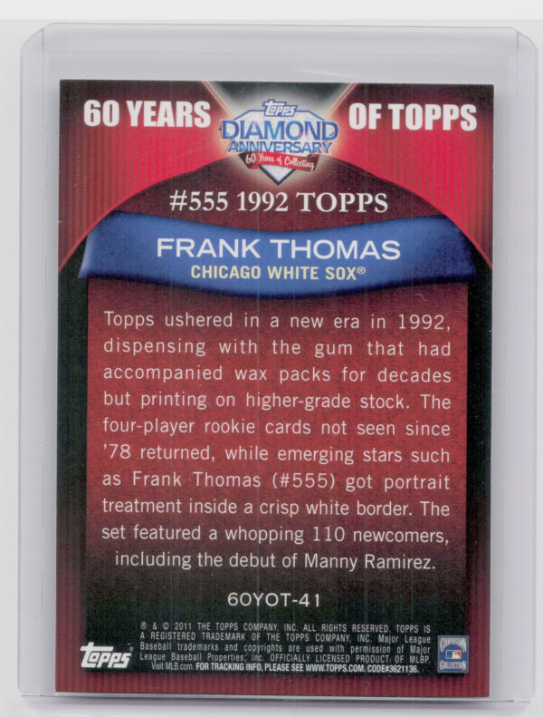 2011 Topps Frank Thomas #60YOT-41 Sox 60 Years of Topps - Image 3