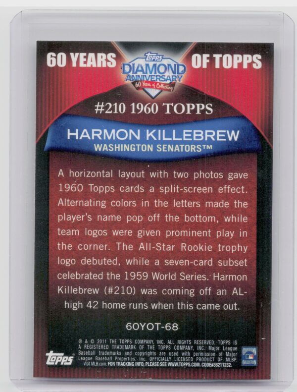 2011 Topps Harmon Killebrew #60YOT-68 Senators 60 Years of Topps - Image 3