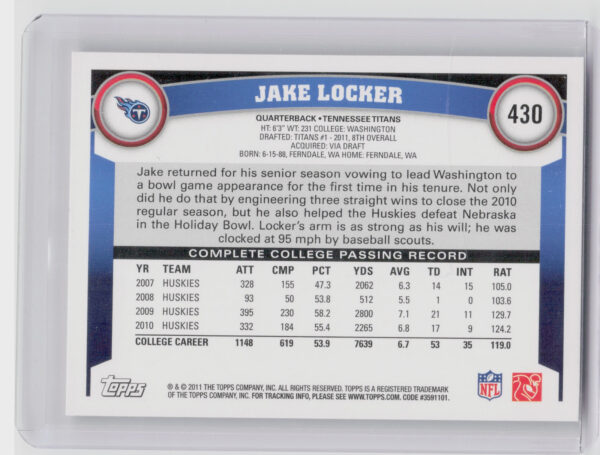 2011 Topps Jake Locker RC #430 Titans - Image 3