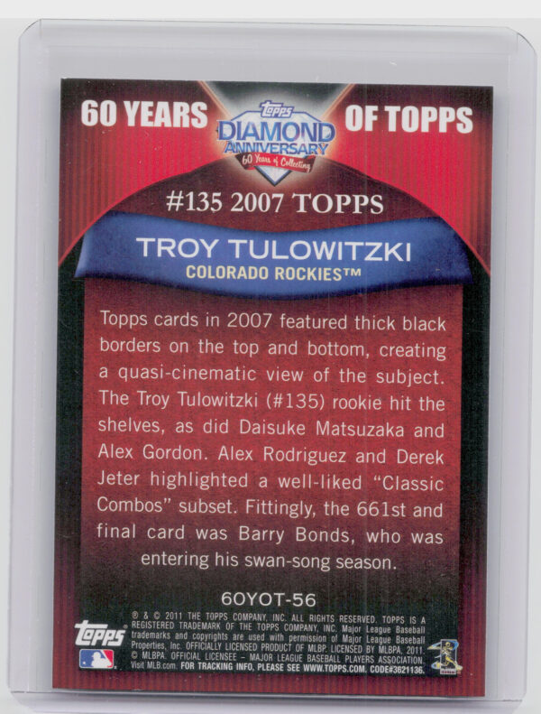 2011 Topps Troy Tulowitzki #60YOT-56 Rockies 60 Years of Topps - Image 3