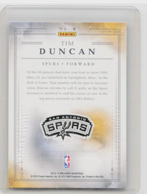 2012-13 Panini Brilliance Tim Duncan #9 Spurs Magic Numbers - Image 3