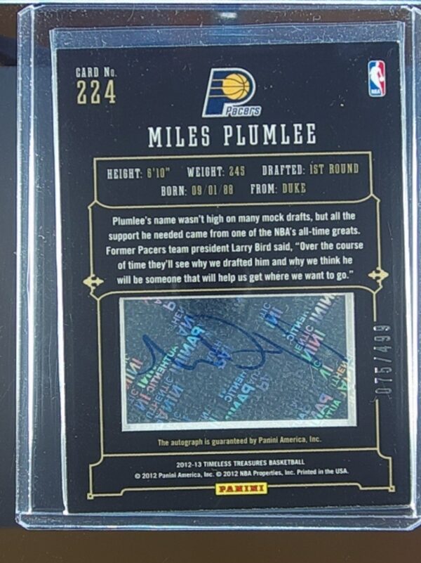 2012-13 Panini Timeless Treasures Miles Plumlee AUTO /499 RC #224 Pacers - Image 3