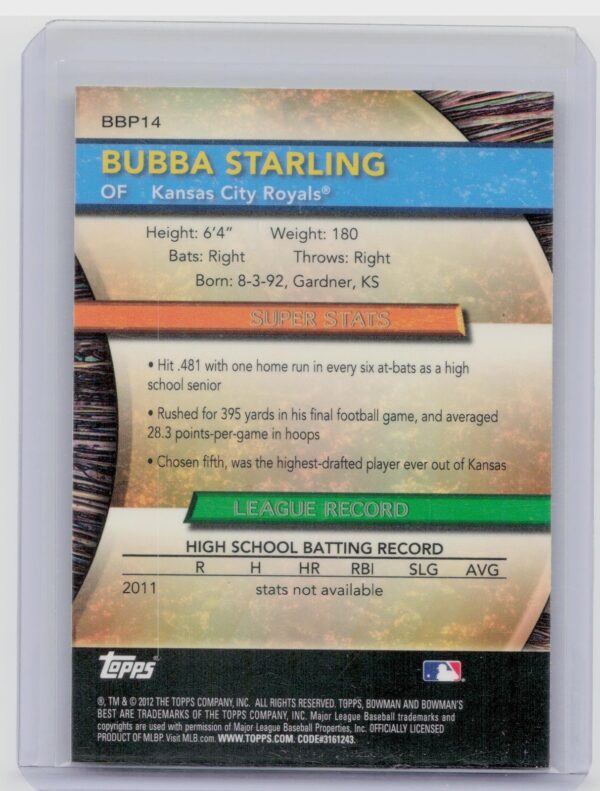 2012 Bowman Bubba Starling #BBP14 Royals Bowman's Best Prospects - Image 3