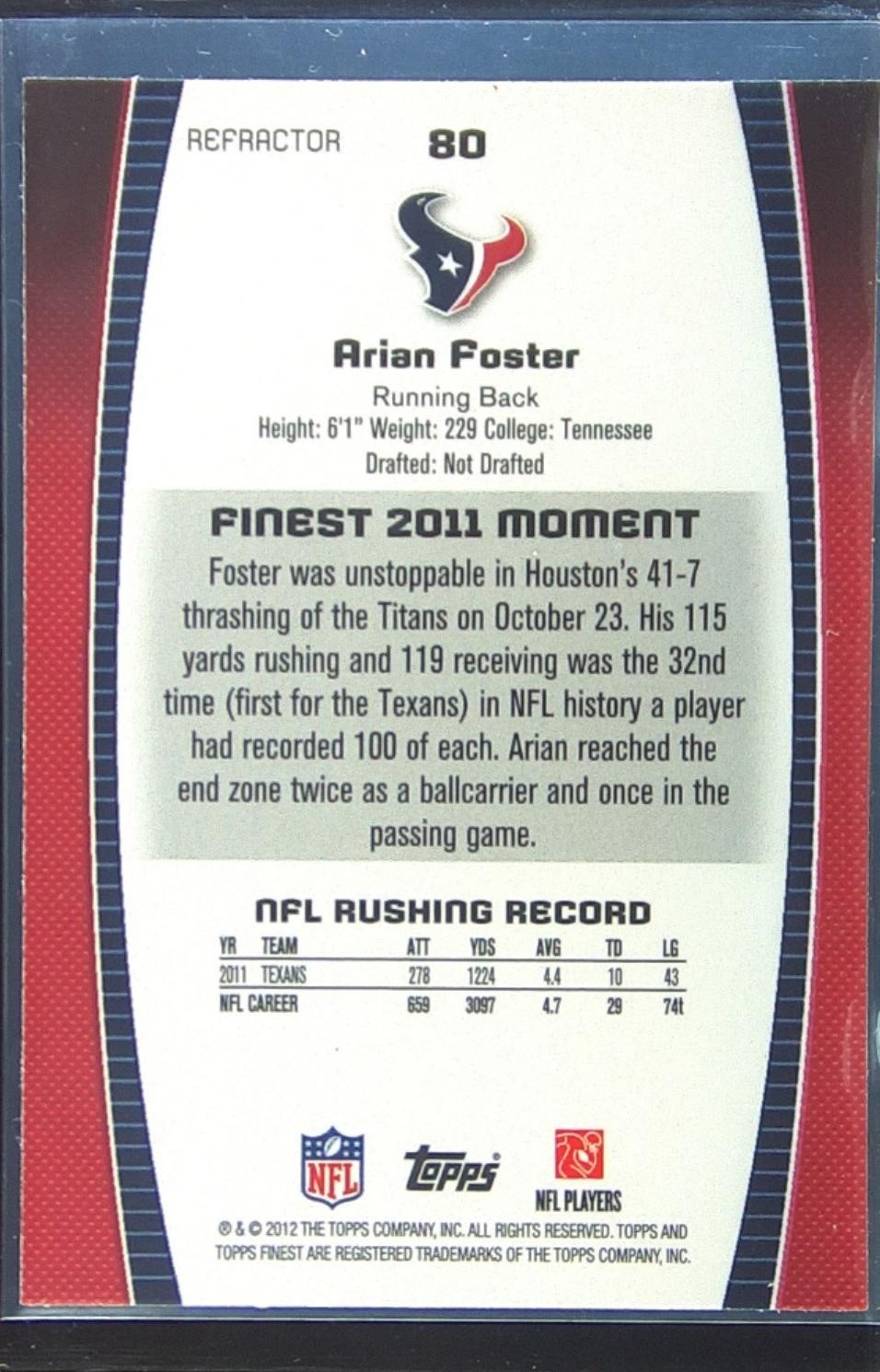 2012 Finest Arian Foster Refractors #80 Texans - Image 3