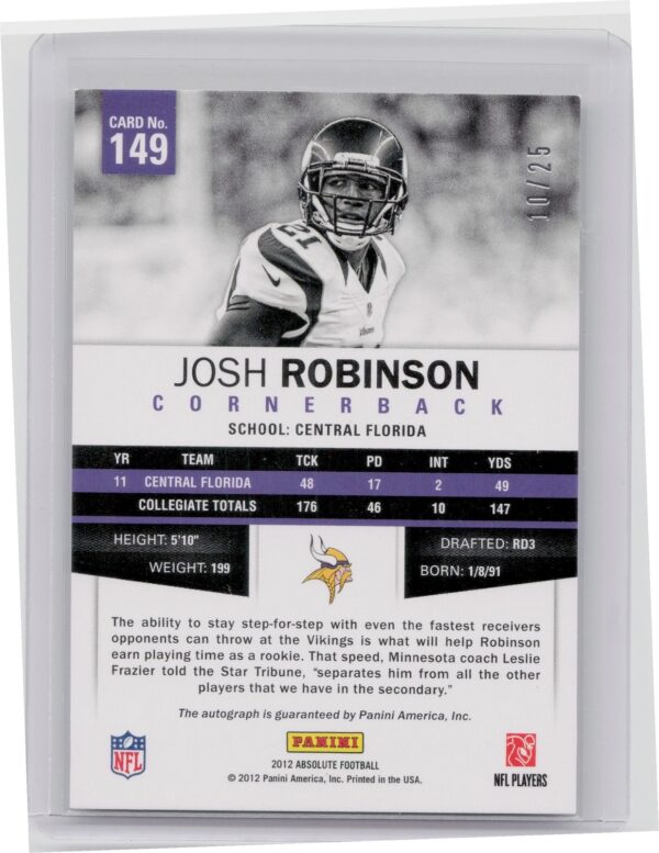 2012 Panini Absolute Josh Robinson AU SN25 #149 Vikings Spectrum Platinum Autogr - Image 3