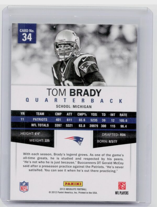 2012 Panini Absolute Tom Brady Retail #34 Patriots - Image 3