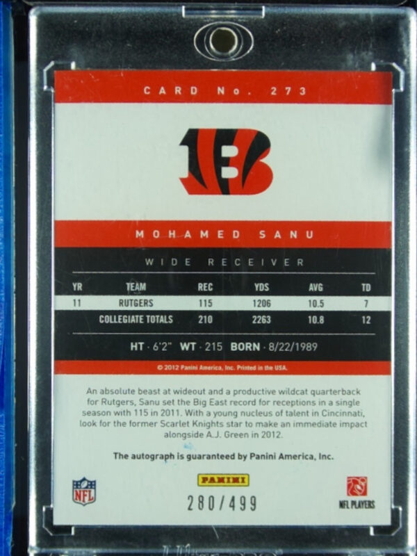 2012 Panini Prestige Mohamed Sanu AU SN499 #273 Bengals Rookie Autographs - Image 3