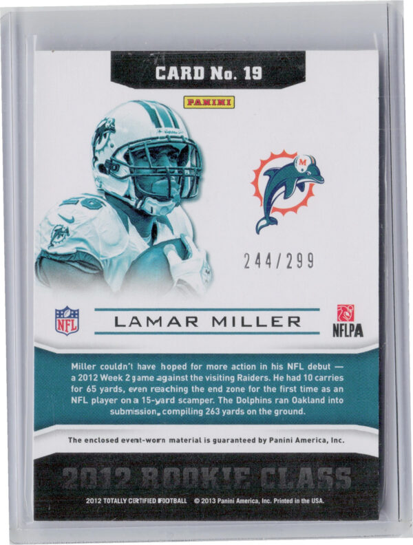 2012 Panini Totally Certified Lamar Miller #19 Dolphins Down and Dirty Materials - Image 3