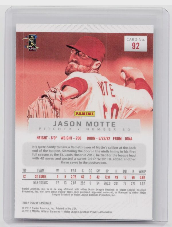 2012 Prizm Jason Motte #92 Cardinals - Image 3