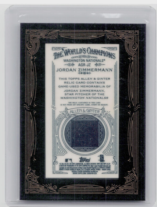 2012 Topps Allen & Ginter Jordan Zimmermann MEM #AGR-JZ Nationals Relics - Image 3