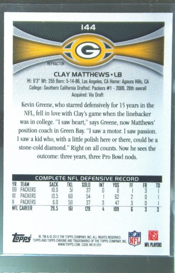 2012 Topps Chrome Clay Matthews Orange Refractors #144 Packers - Image 3