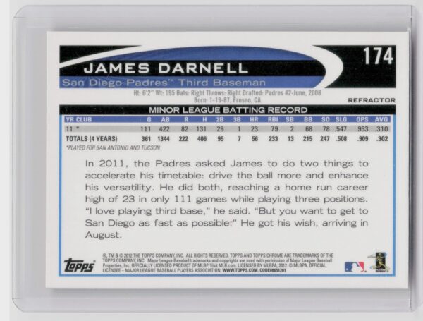 2012 Topps Chrome James Darnell Orange Refractors #174 Padres - Image 3