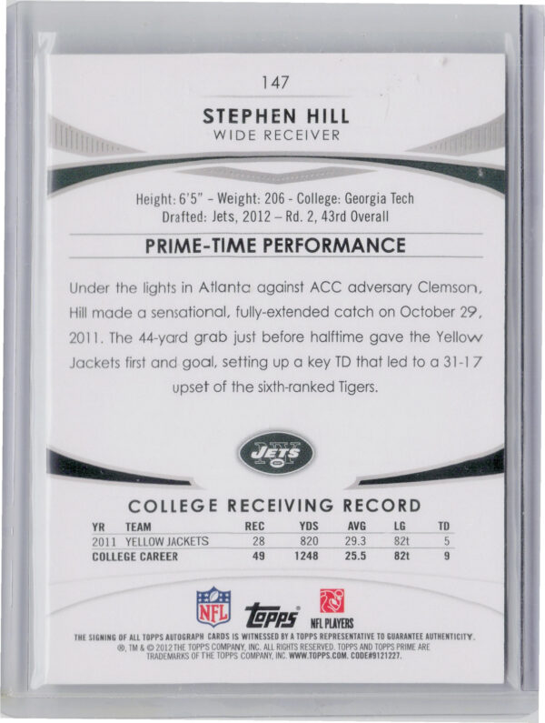 2012 Topps Prime (Hobby) Stephen Hill #147 Jets Rookie Autographs Copper - Image 3