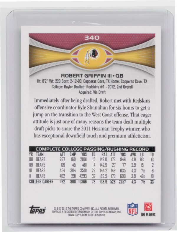 2012 Topps Robert Griffin III Rookie #340 Redskins - Image 3