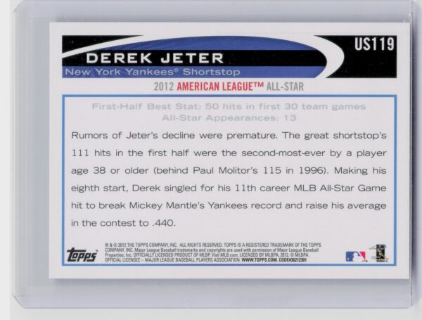 2012 Topps Update Derek Jeter Walmart Blue Border #US119 Yankees - Image 3