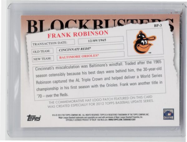 2012 Topps Update Frank Robinson #BP-3 Orioles Blockbusters Commemorative Hat Lo - Image 3