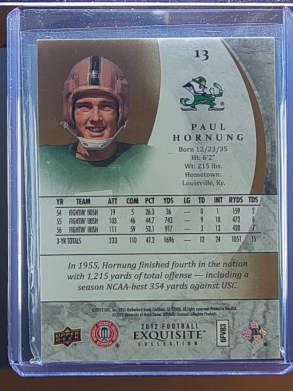 2012 Upper Deck Exquisite Collection Paul Hornung SN85 #13 Irish - Image 3