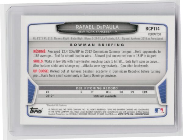 2013 Bowman Chrome Rafael DePaula #BCP174 Yankees Prospects X Fractors - Image 3