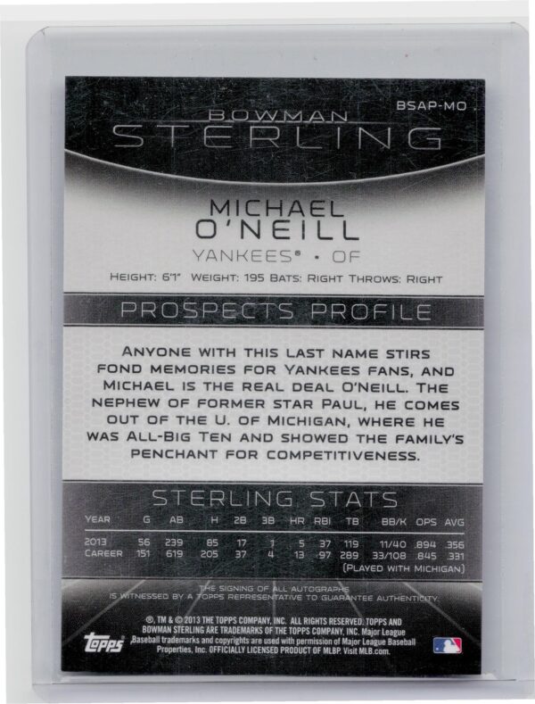 2013 Bowman Sterling Michael O'Neill AU #BSAP-MO Yankees Prospect Autographs - Image 3