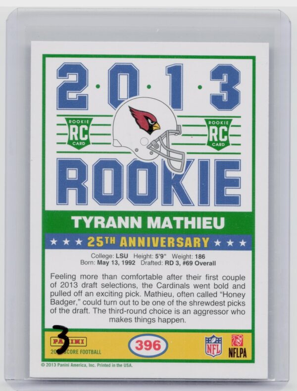 2013 Score Tyrann Mathieu RC #396 Cardinals - Image 3